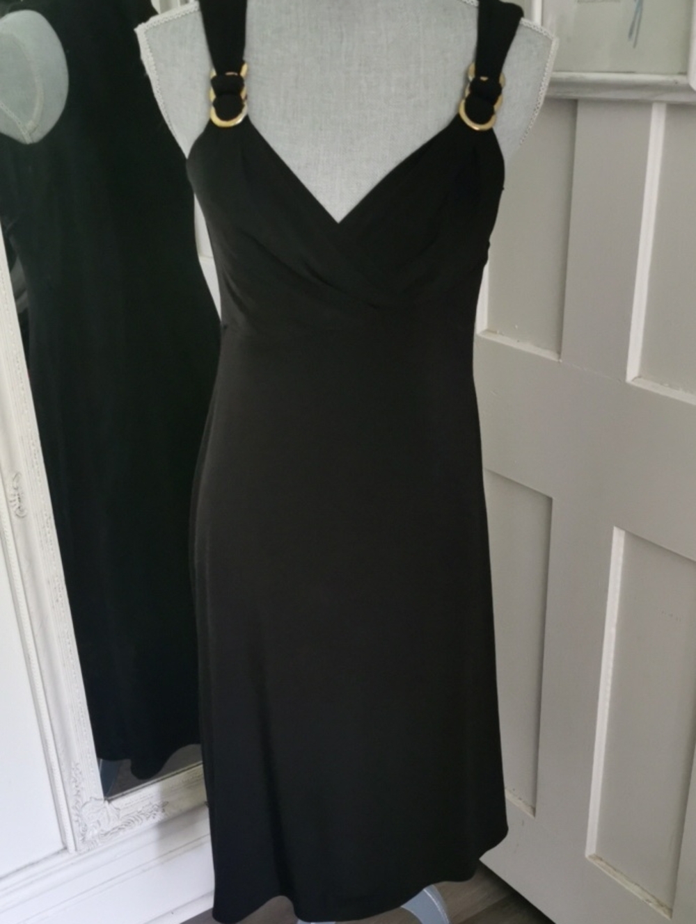 Vintage Donna Ricco Black Midi Cocktail Dress with Gold Ring Straps.